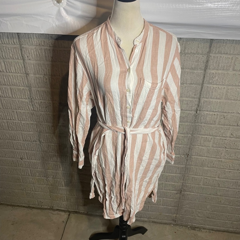 A New Day Women's Small Pink White Striped Linen Blend Shirt Dress Belted